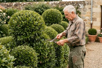 Jardinier taillant une haie de laurier en nuage dans un jardin de campagne française
