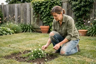 Femme jardinière observant des fleurs sauvages laissées en zone non tondue pour favoriser la biodiversité du jardin