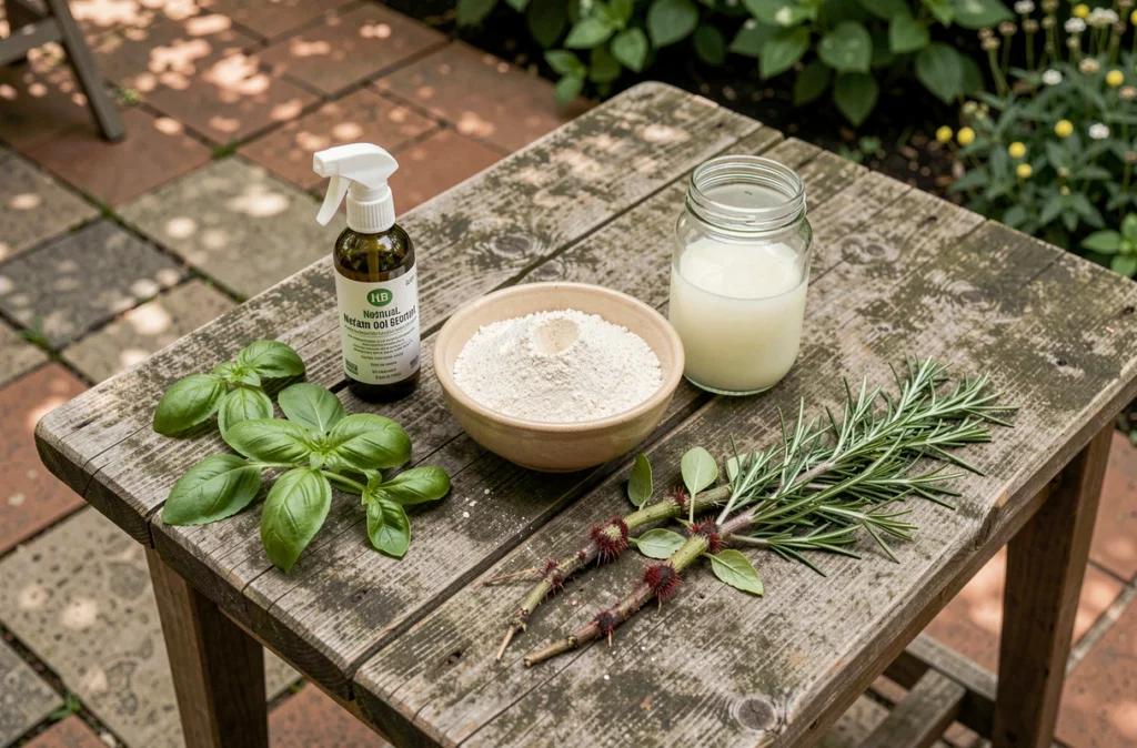 Produits naturels pour traiter une invasion d'acariens rouges sans abîmer les plantes, disposés sur une table de jardin en bois