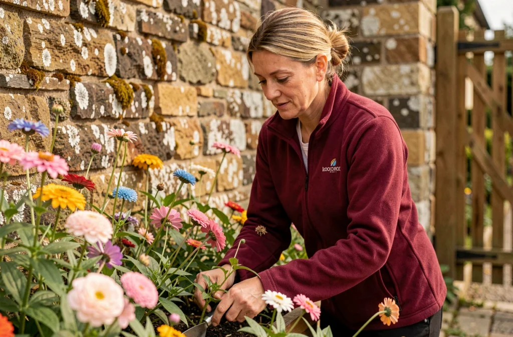 Jardinière Apef Services en veste polaire bordeaux désherbant un parterre fleuri contre un mur de pierre en région nord