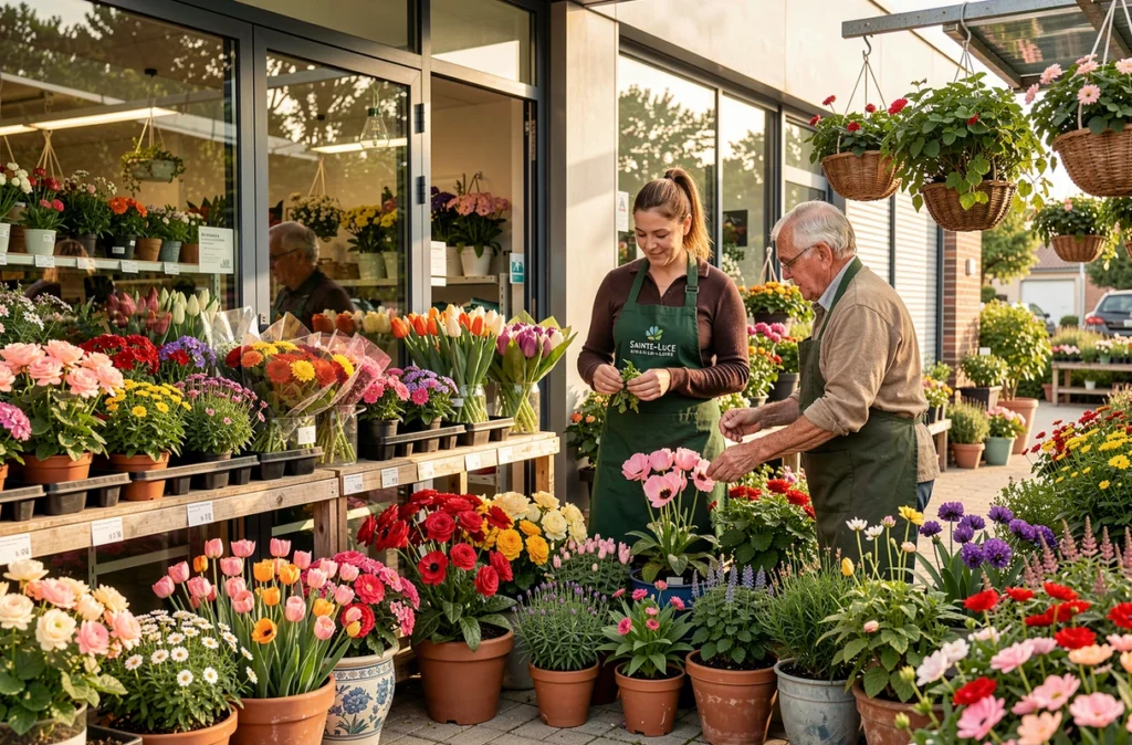 Aux Floralies à Sainte-Luce-sur-Loire, jardinerie colorée avec compositions florales, jardinières suspendues et conseils d'une employée