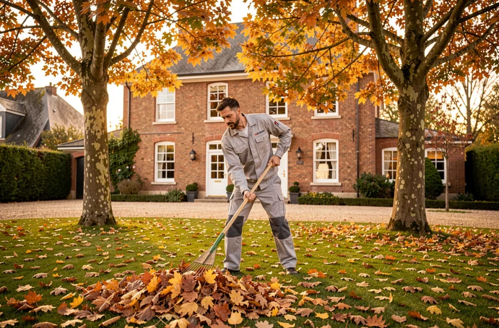 Jardinier Azaé en uniforme gris râtelant des feuilles automnales dans un jardin résidentiel du nord de la France
