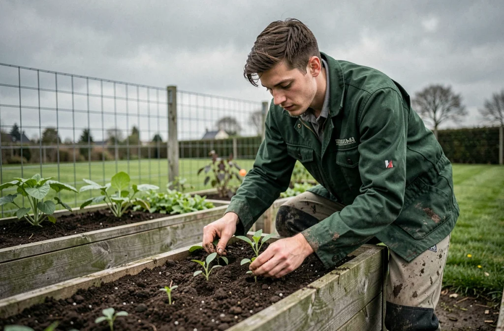 Jardinier Blp95 plantant des semis dans un potager surélevé d'un jardin privé dans les Hauts-de-France