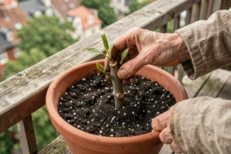 Mains adultes insérant une bouture de noyer dans un pot en terre cuite sur un balcon urbain