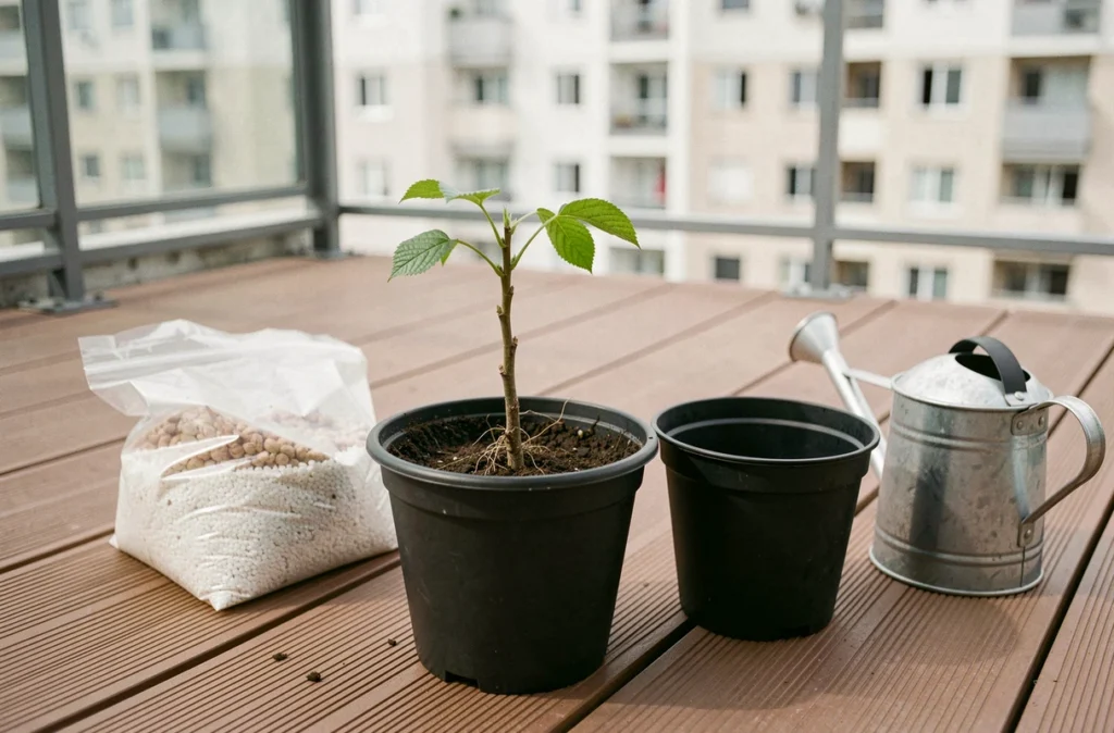 Bouture de noyer en pot plastique sur plancher de balcon avec matériel de jardinage pour débutant