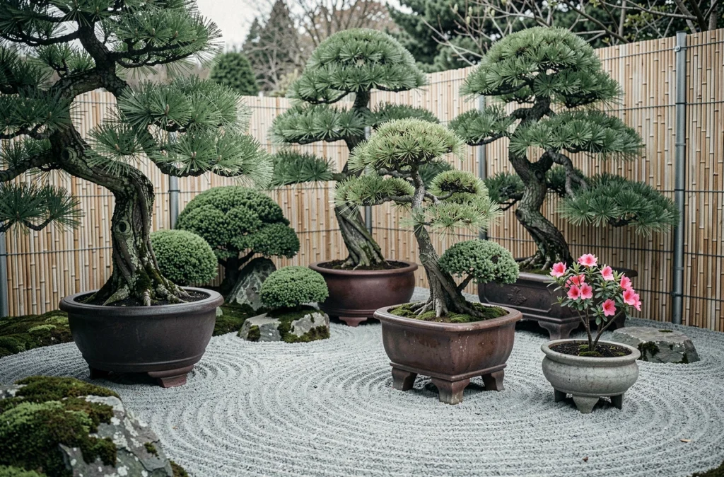 Brenelia Niwaki à Machecoul, pépinière spécialisée en arbres japonais avec pins sculptés, genévriers taillés en nuages et jardin Zen