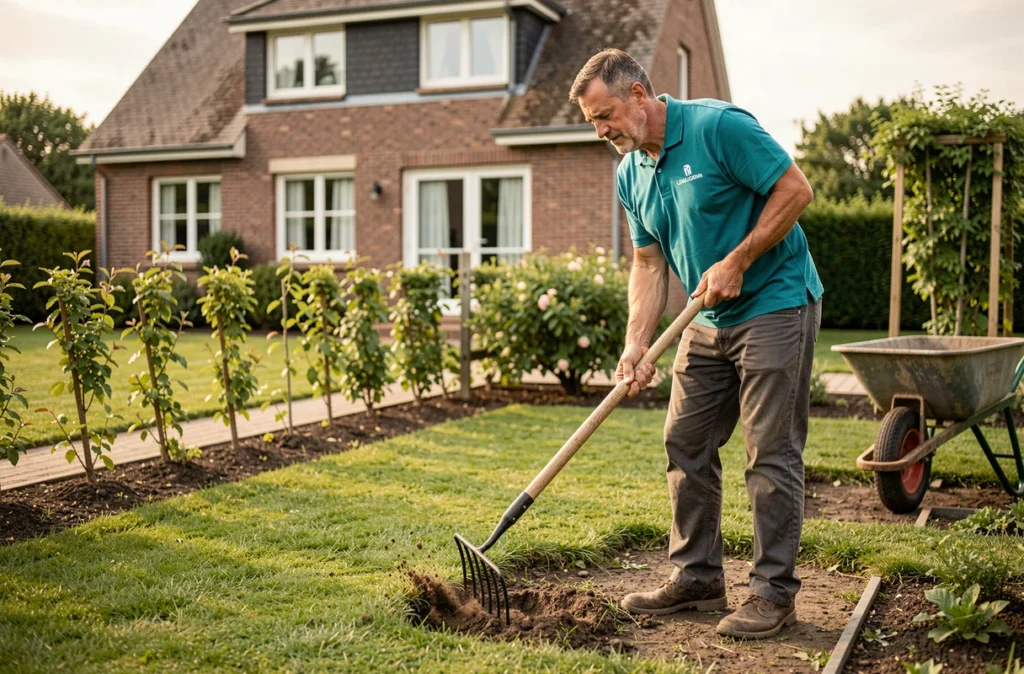 Jardinier Centre Services en polo bleu sarcelle aérant une pelouse dans un jardin pavillonnaire du nord de la France