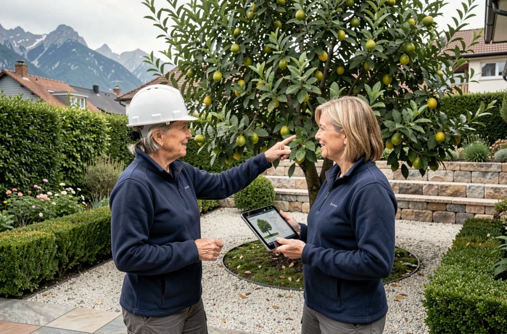 Experte en élagage en consultation avec un particulier dans un jardin à Gap