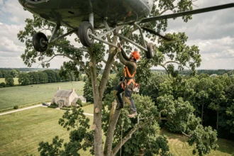 Arboriste suspendu sous un hélicoptère effectuant un élagage en hauteur sur une propriété privée rurale