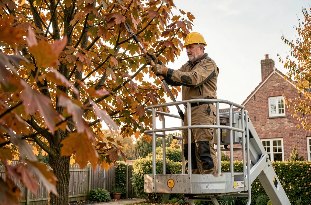 Élagueur sur nacelle élévatrice taillant la cime d'un tilleul dans un jardin privé en automne