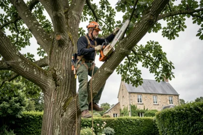 Élagueur professionnel en hauteur dans un chêne avec harnais de sécurité dans un jardin normand du Calvados