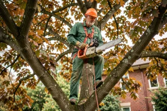 Élagueur professionnel en tenue de sécurité perché dans un chêne avec une tronçonneuse lors d'une intervention en jardin résidentiel