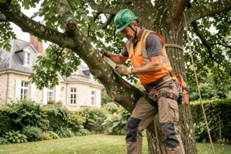 Élagueur professionnel en train de couper une branche de chêne dans un jardin résidentiel à Montargis