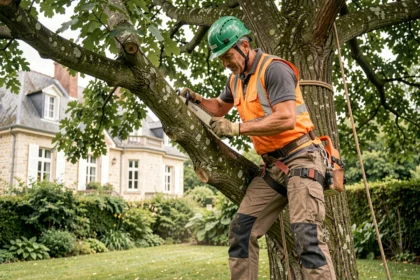 Élagueur professionnel en train de couper une branche de chêne dans un jardin résidentiel à Montargis