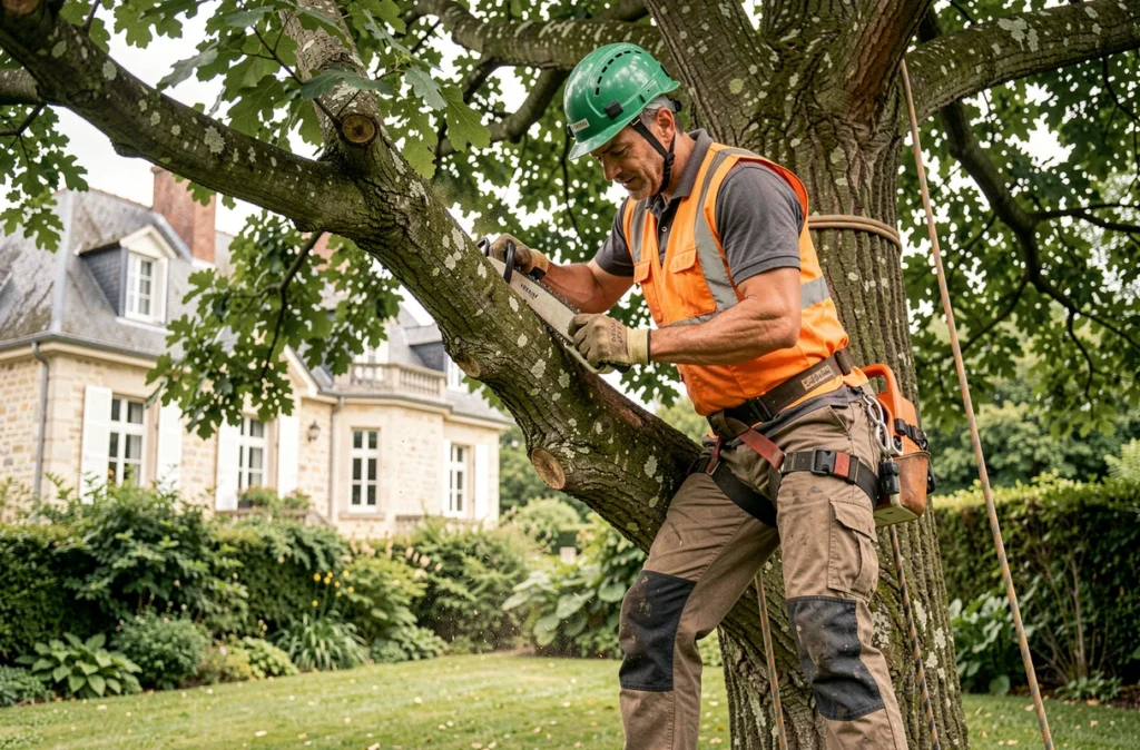 Élagueur professionnel en train de couper une branche de chêne dans un jardin résidentiel à Montargis