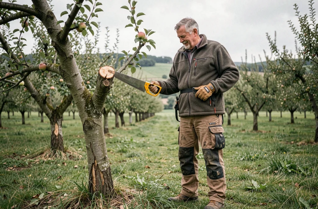 Élagueur expérimenté inspectant un pommier taillé dans un verger traditionnel du Calvados en Normandie