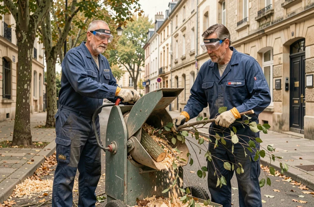 Deux élagueurs utilisant un broyeur de branches dans une rue arborée d'une ville de province française