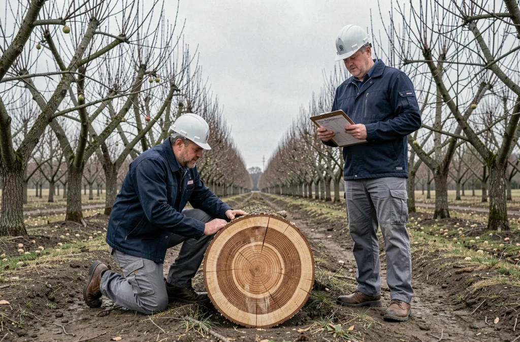 Deux élagueurs évaluant un arbre abattu dans un verger en hiver lors d'une intervention de déforestation