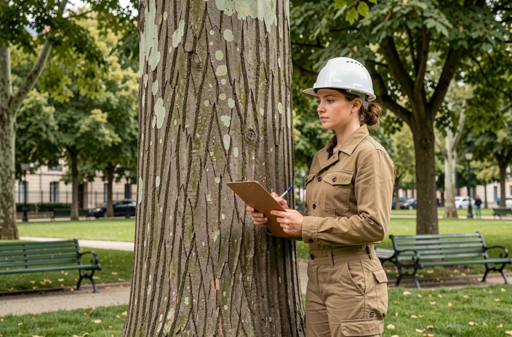 Élagueuse inspectant un grand peuplier dans un parc municipal pour un devis d'élagage