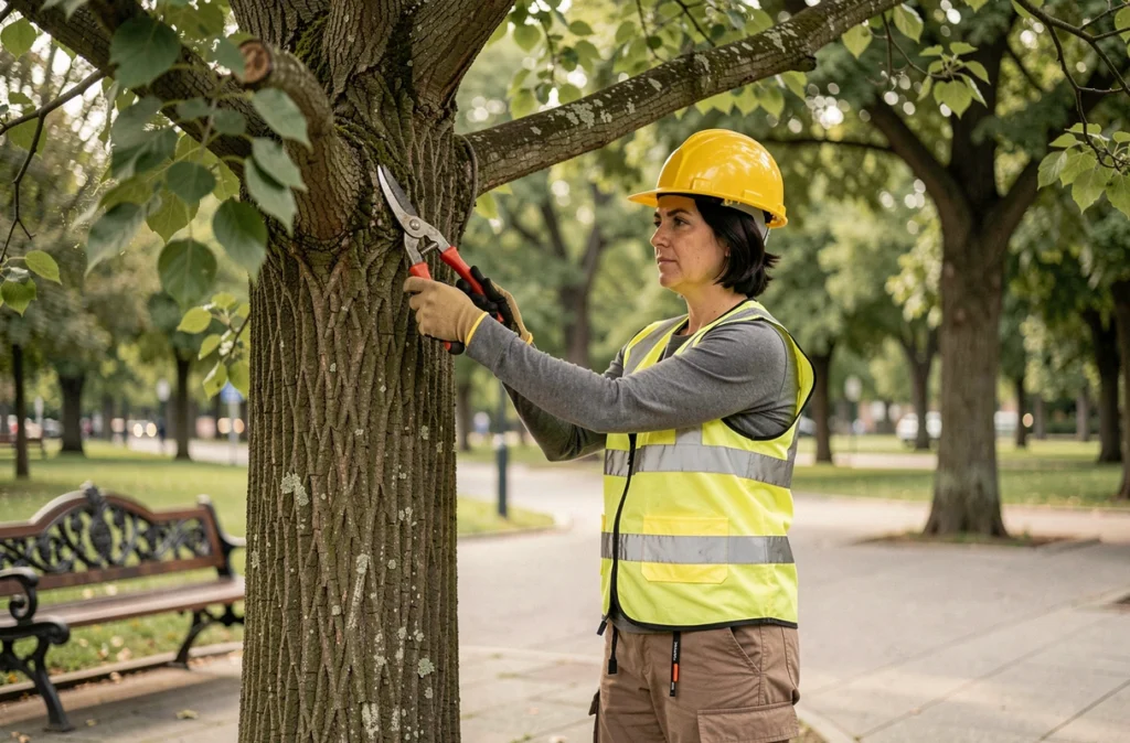 Élagueuse utilisant des cisailles professionnelles pour tailler un tilleul dans un parc urbain