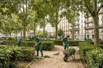 Équipe d'entretien de jardin professionnelle au travail dans un parc urbain de Seine-Saint-Denis