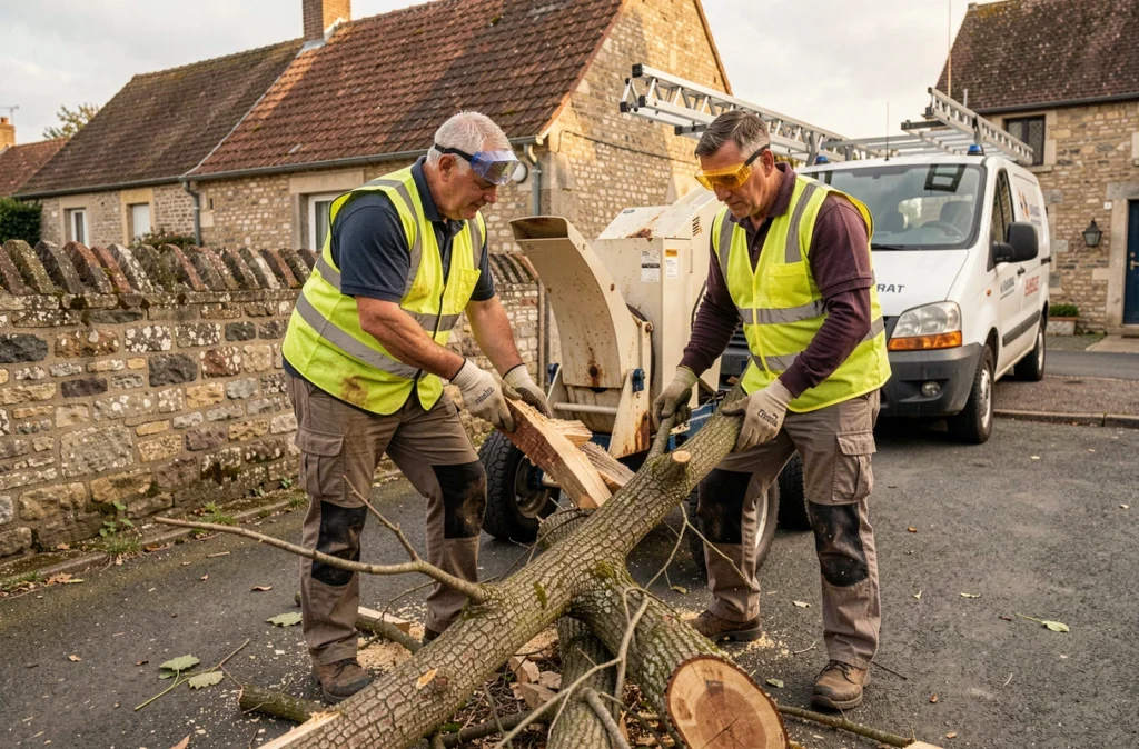 Deux élagueurs au sol traitant des branches avec un broyeur de végétaux dans une rue normande