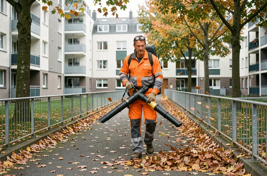 Agent d'entretien GAF Services soufflant les feuilles mortes dans la cour d'une résidence HLM à Saint-Denis