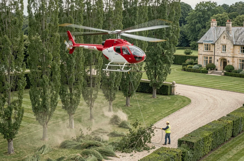 Hélicoptère survolant une propriété privée pour l'élagage d'arbres en bordure de jardin