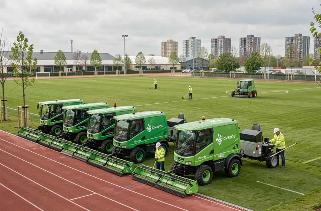 Équipe idverde entretenant un grand espace vert municipal avec des engins de tonte professionnels
