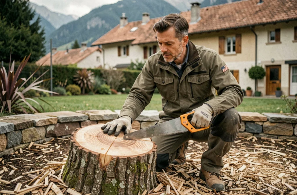 Élagueur inspectant une souche d'arbre fraîchement coupée dans un jardin de Gap