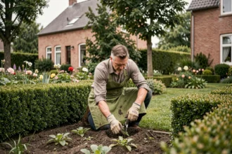 Jardinier professionnel à domicile entretenant un jardin résidentiel dans les Hauts-de-France