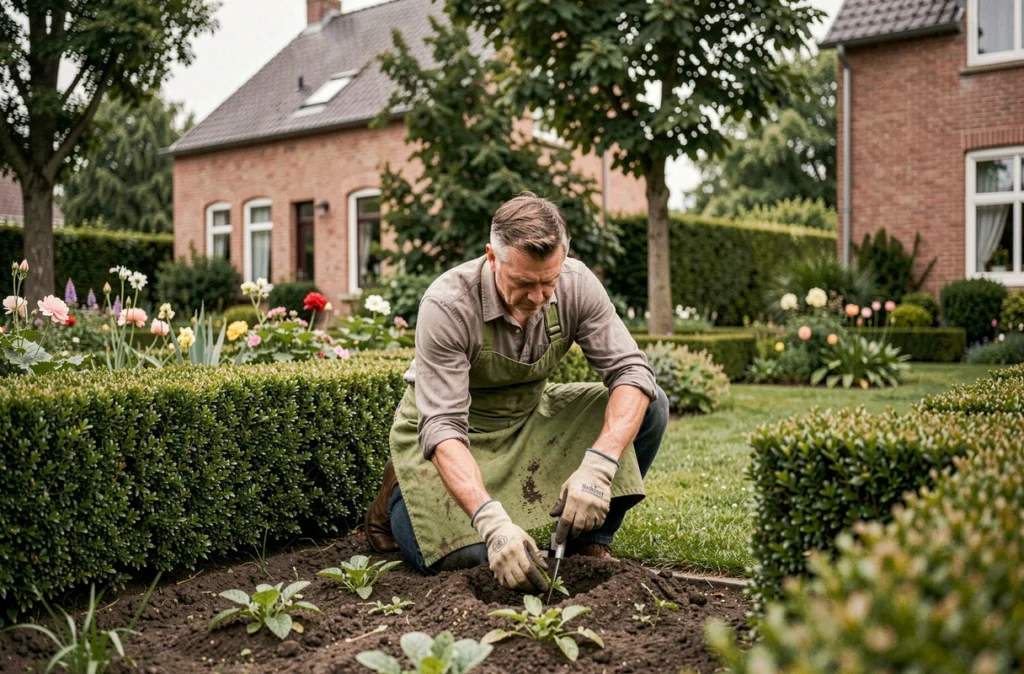 Jardinier professionnel à domicile entretenant un jardin résidentiel dans les Hauts-de-France
