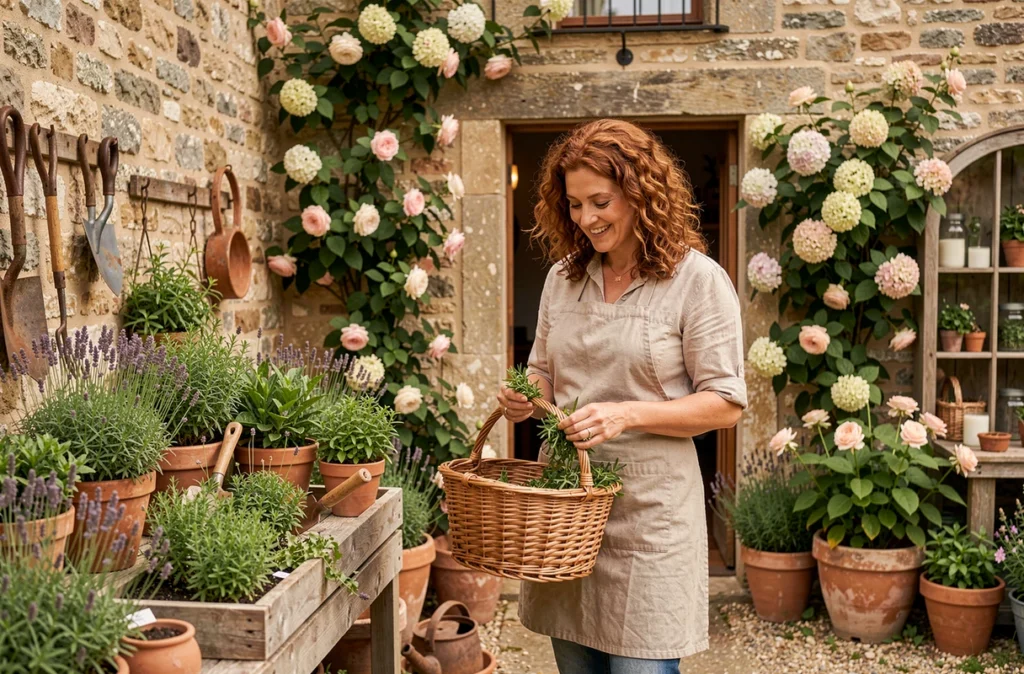 Les Jardins de Juliette au Bignon, pépinière artisanale avec herbes aromatiques, vieilles roses et cadre champêtre autour d'une ferme en pierre