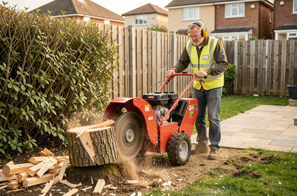 Machine à dessoucher compacte en action sur des souches de haie dans un jardin résidentiel, opérateur équipé de protections