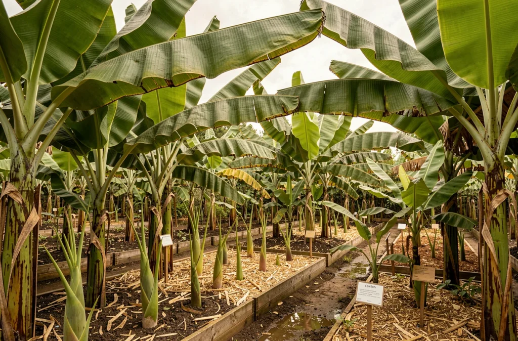 Pépinière La Maison du Bananier à Couëron, collection de bananiers Musa et Ensete en pots et pleine terre dans un cadre tropical