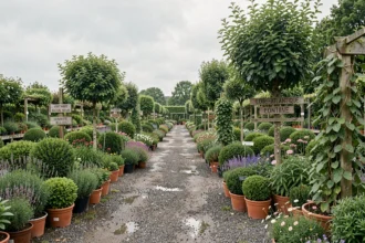 Vue panoramique d'une pépinière en Loire-Atlantique avec des allées de plantes en pot, arbustes et arbres ornementaux