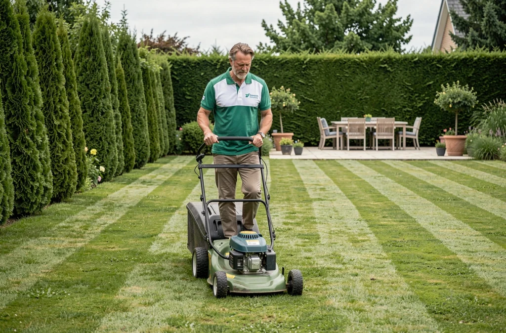 Jardinier O2 Care Services en polo blanc et vert tondant une pelouse rayée dans un grand jardin résidentiel du nord