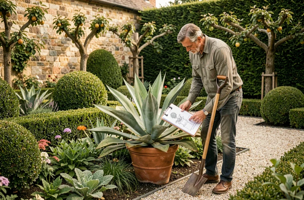 Spécialiste de Patrick Brillaud Eyono Et Jardins installant une plante architecturale dans un jardin privé de prestige