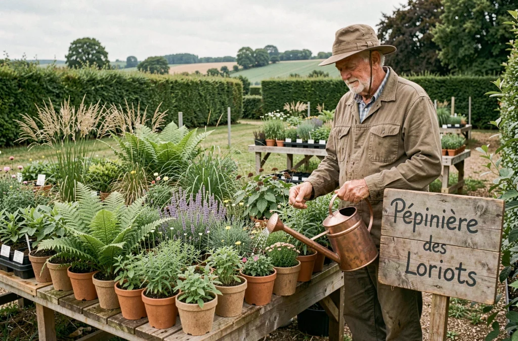 Pépinière des Loriots à Derval, vente de plantes vivaces et forestières en pleine campagne bocagère avec jardinier arrosant ses cultures