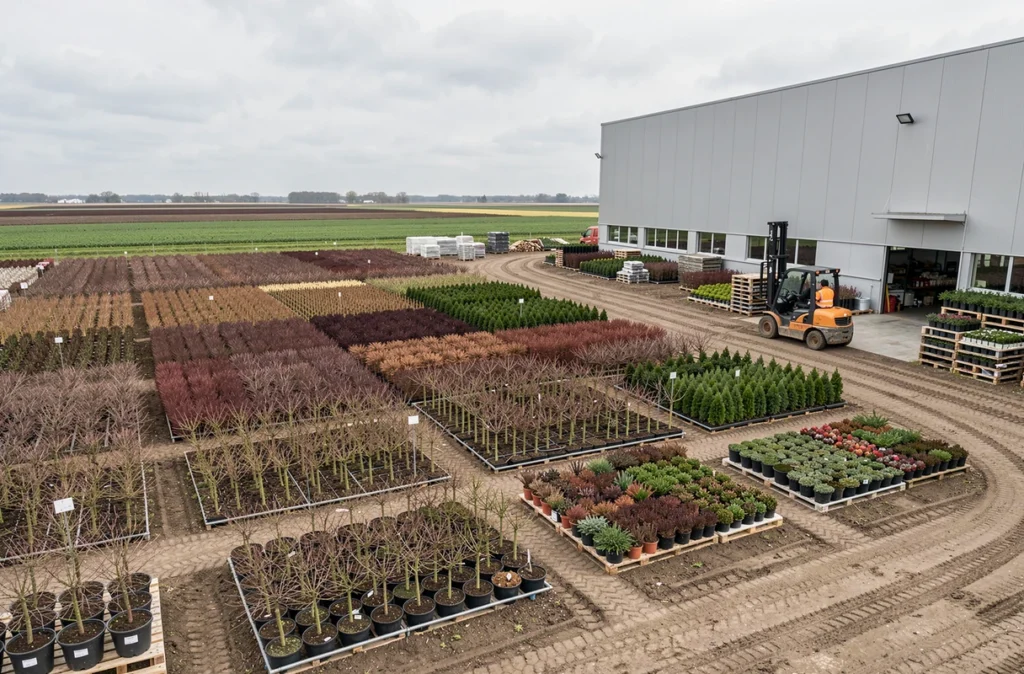 Pépinière Leaderplant aux Sorinières, vaste site de production avec rangées de plantes en conteneurs et entrepôt logistique moderne