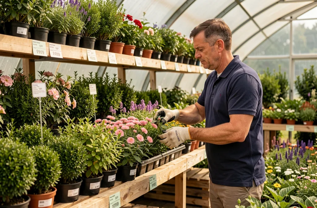 Pépinières Joël Lemaitre à Carquefou, serre polytunnel avec arbustes et vivaces sur des étagères en bois, pépiniériste arrangeant les plantes