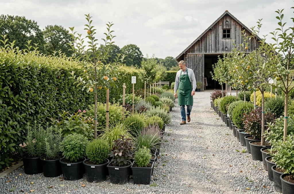 Pépinières du Val d'Erdre à Saint-Mars-du-Désert, allées de plantes indigènes et arbres fruitiers avec un pépiniériste en tablier vert
