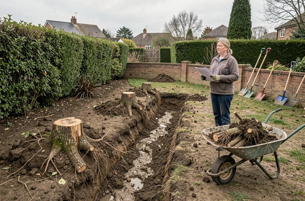 Vue d'ensemble d'un jardin après dessouchage de haie, tranchée de sol exposé et propriétaire inspectant les travaux avec un devis
