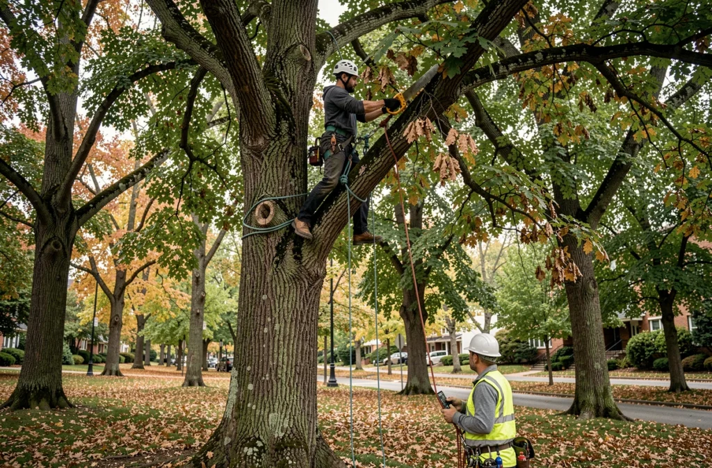 Arboriste Serpe en intervention d'élagage sur un grand chêne dans un parc urbain, avec un équipier au sol