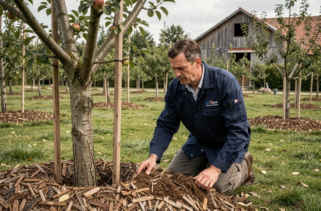 Jardinier Shiva en veste de travail bleu foncé appliquant du paillis autour de jeunes arbres fruitiers dans un jardin de maison du nord