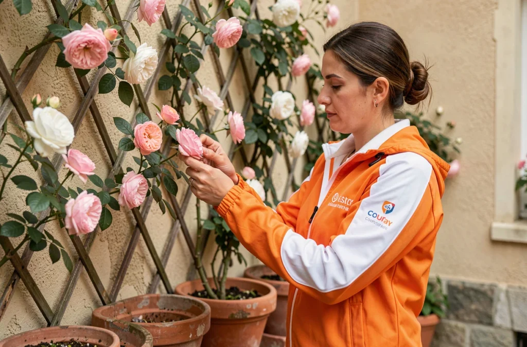 Jardinière Solutia en veste orange et blanche effeuillant des rosiers sur un treillis dans un jardin de maison de ville du nord