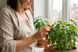 Femme pinçant les tiges de basilic pour favoriser une croissance régulière sur un rebord de fenêtre ensoleillé