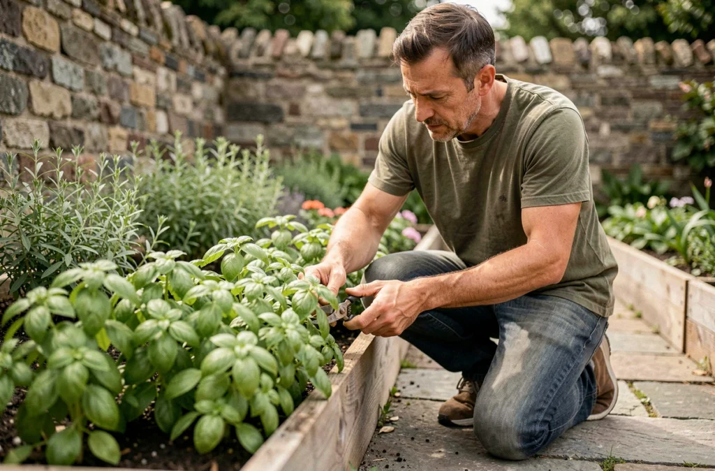 Homme taillant des plants de basilic dans un potager surélevé en plein air avec des ciseaux à herbes