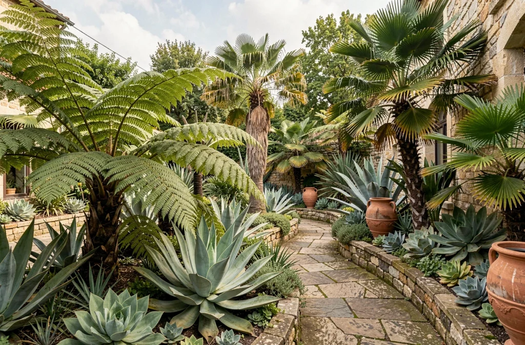 Terre Lointaine à Couëron, jardin-pépinière avec plantes exotiques rares incluant fougères arborescentes, agaves géants et palmiers