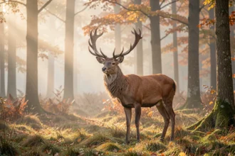 Cerf élaphe à la lisière d'une forêt brumeuse à l'aube